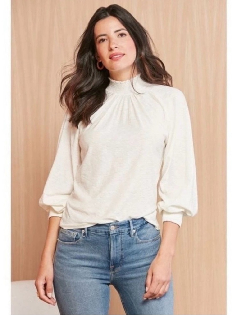 Nation LTD Melanie Smocked Peasant Tee Women's XS Off White Long Sleeve Blouse